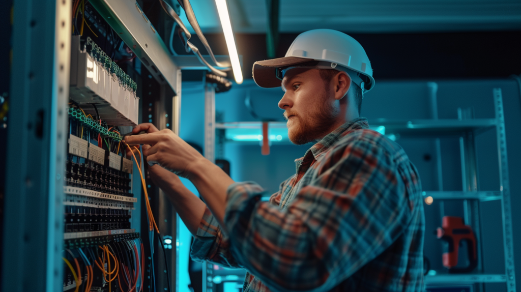 Electricien qui travaille sur une remise aux normes