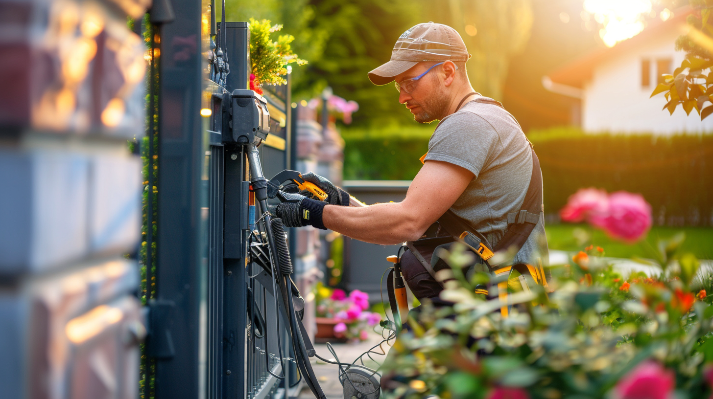 Electricien installant une motorisation de portail